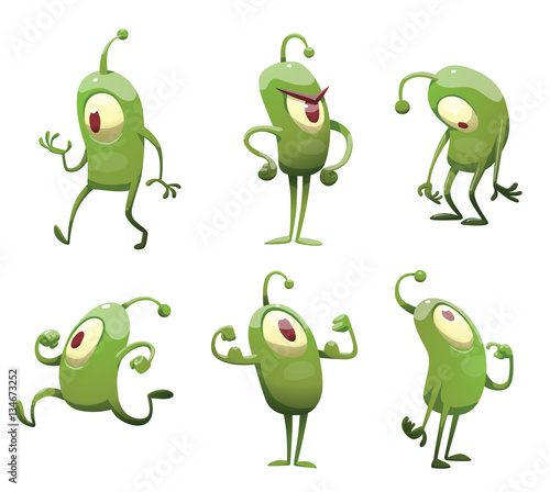 Vector set of cartoon images of funny green microbes with one big eye, with an antenna, with arms and legs, in different actions on a white background. Positive character. Creature.