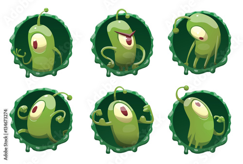 Vector set of round dark green frames with mucus and with cartoon images of funny green microbes with one big eye, with an antenna, with arms and legs, in different actions on a white background.
