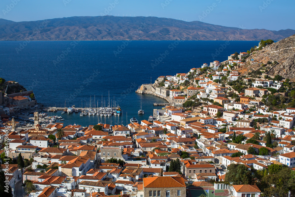 Top view on the yacht Marina of the Hydra island, Aegean sea, Greece.