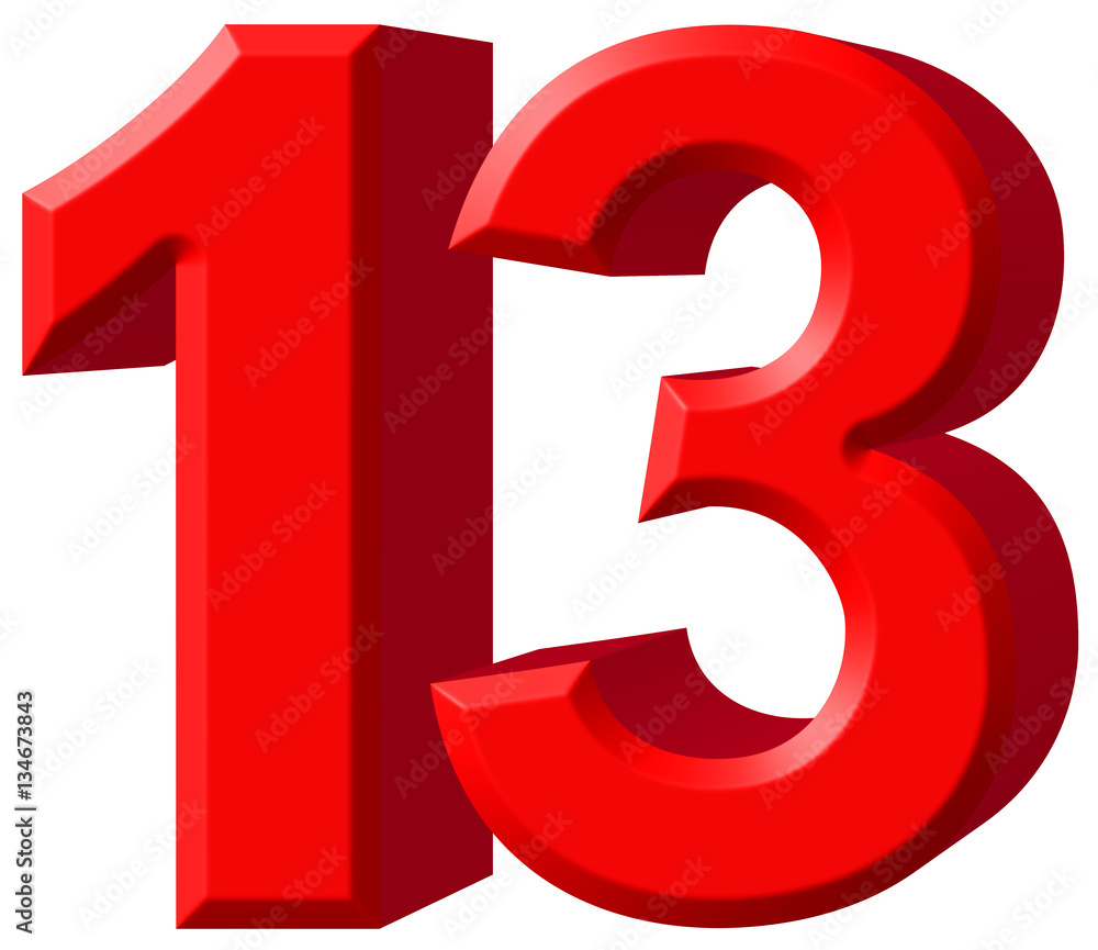Numeral 13, thirteen, isolated on white background, 3d render