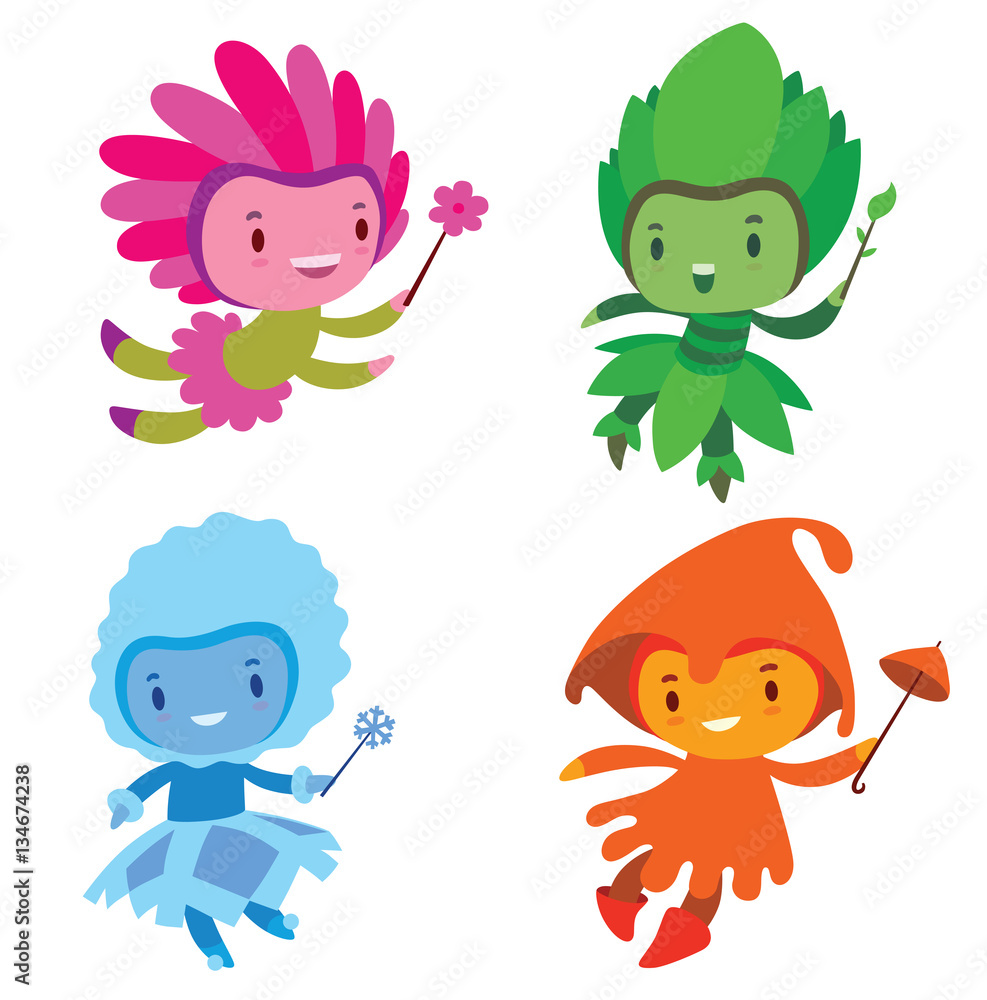Vector set of cartoon images of cute fairies of the seasons: spring, summer, autumn and winter, flying and smiling with a magic wands in their hands on a white background. Made in a flat style. Vector set of cartoon images of cute fairies of the seasons: spring, summer, autumn and winter, flying and smiling with a magic wands in their hands on a white background. Made in a flat style.