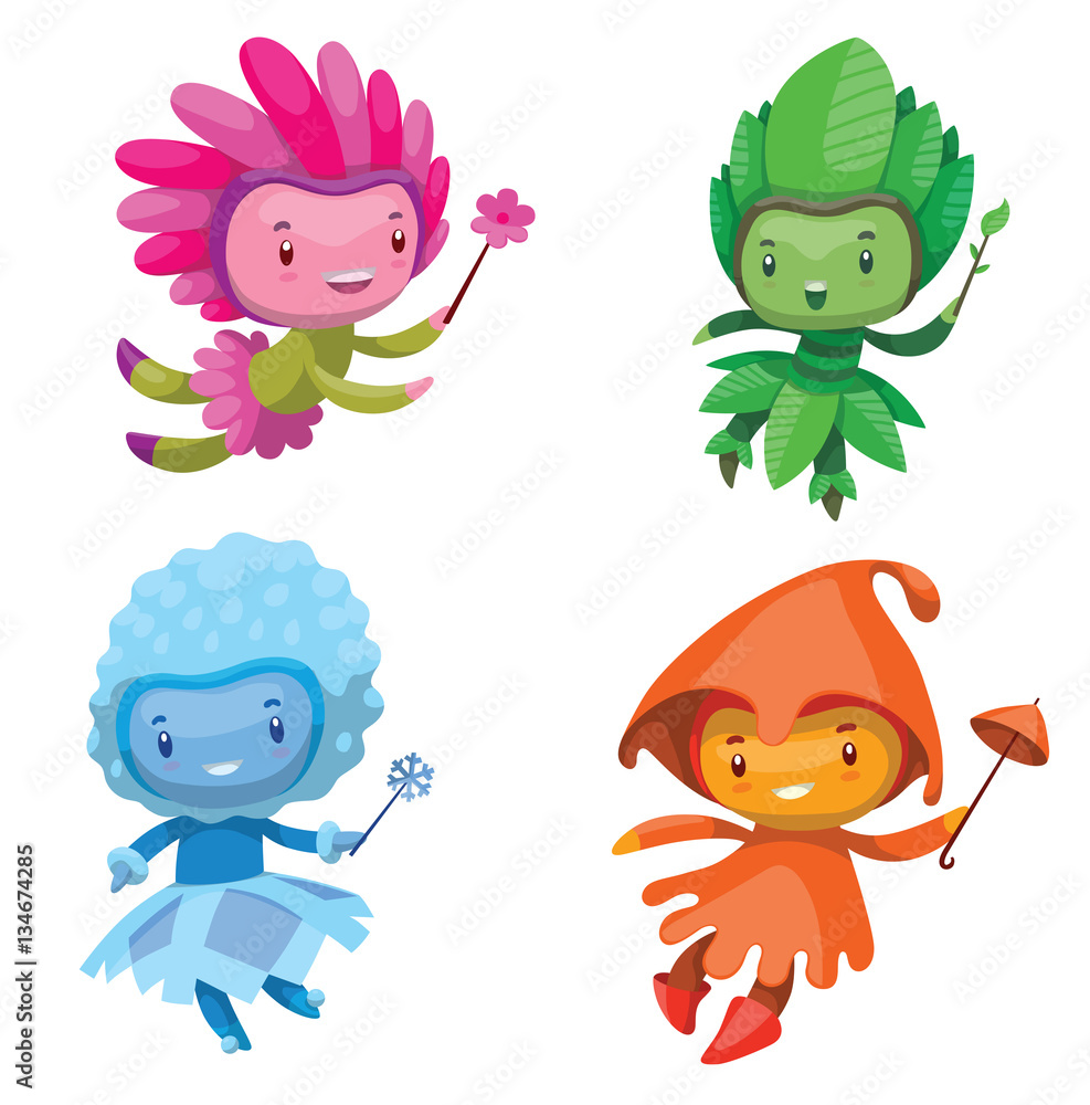 Vector set of cartoon images of cute fairies of the seasons: spring, summer, autumn and winter, with magic wands in their hands on a white background. Vector illustration with shadows and highlights.