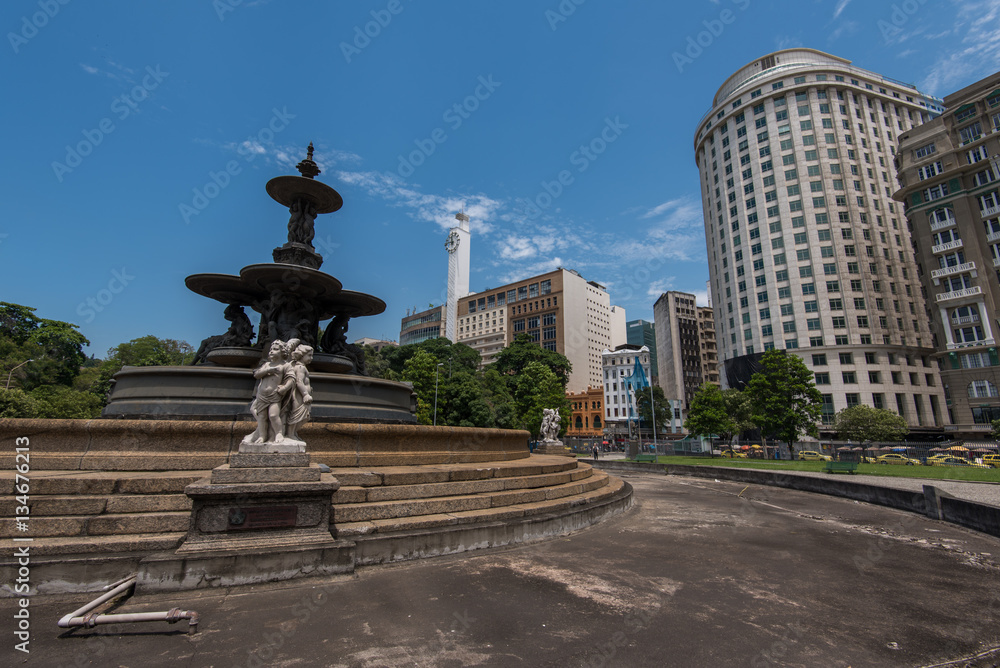 Empty Fountain at the Mahatma Gandhi Square and View of Office Buildings of Rio de Janeiro under the Clear Blue Sky