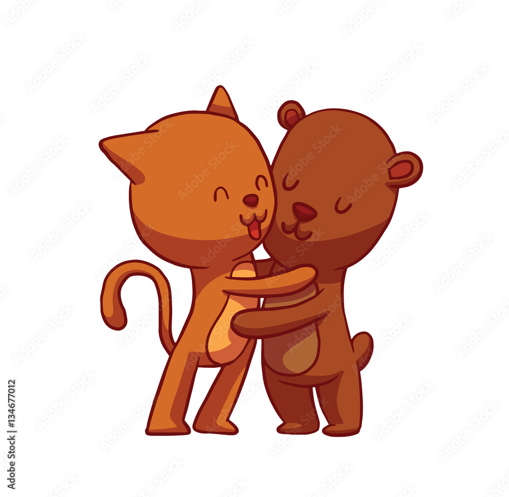 Vector cartoon image of cute animals a red cat and a brown bear