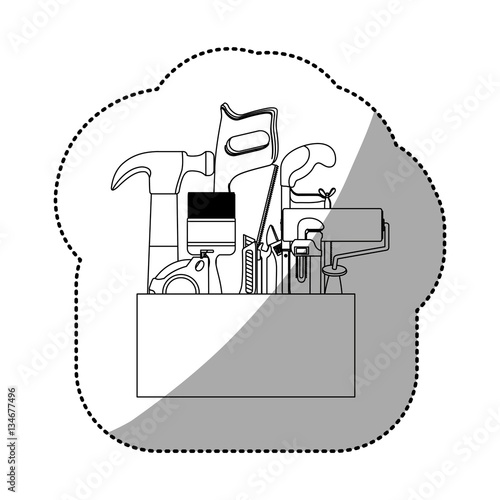 sticker contour toolkit inside of wooden box shading . Vector illustration