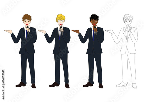 Set Handsome Business Man Presentation Holding Microphone. Full Body Vector Illustration isolated on White Background