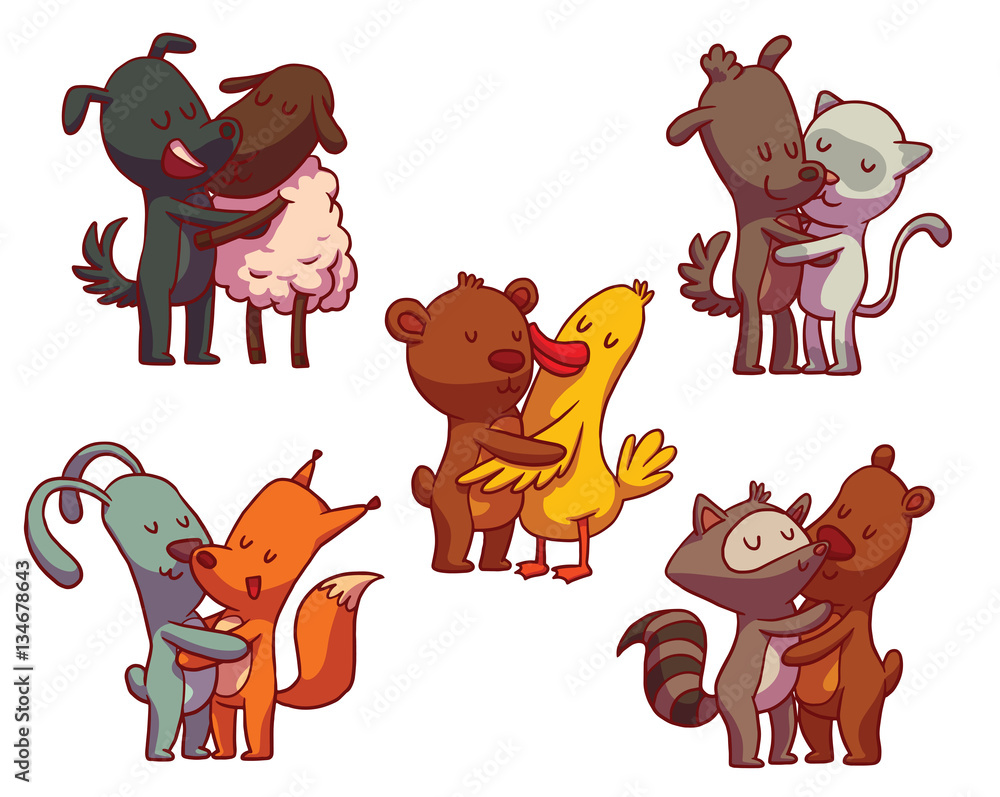Vector set of colored cartoon images of cute animals: dog and sheep, dog  and cat, bear