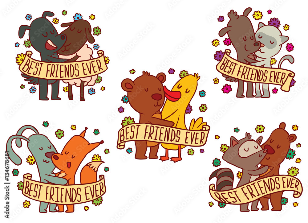 Vector set of color emblems with banners, with cartoon images of cute  hugging animals: dog and
