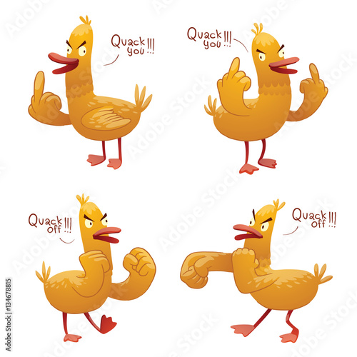 Vector set of cartoon images of funny yellow rude ducks with red beak and paws, standing and saying "Quack You" and "Quack Off" on a white background. Vector illustration.