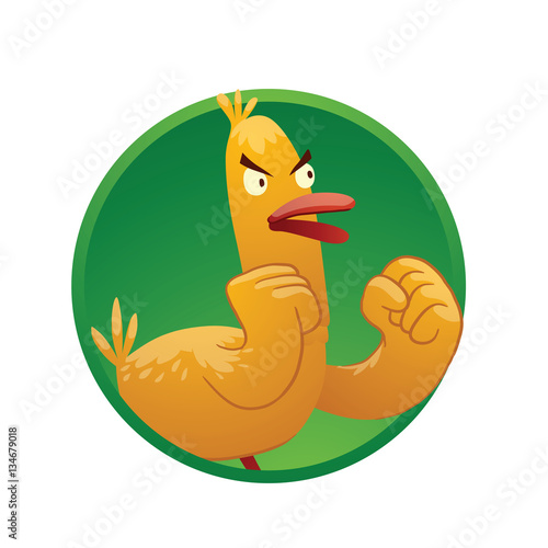 Vector round green frame with cartoon image of a funny yellow duck with red beak, standing and going to fight with someone to the right in the center on a white background. Vector illustration.