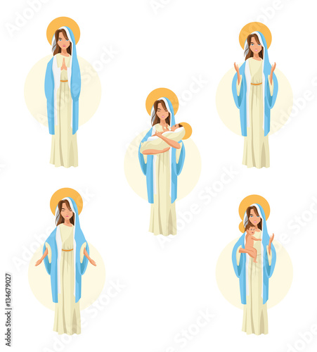 Holy mary woman girl baby jesus cartoon religion saint icon. Pastel colored and isolated illustration. Vector graphic