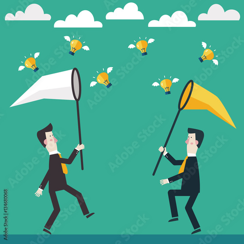 Two businessmen trying to catch a light bulb idea. Competition concept