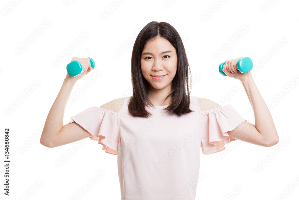 Healthy Asian business woman with dumbbells. Healthy Asian business woman with dumbbells.