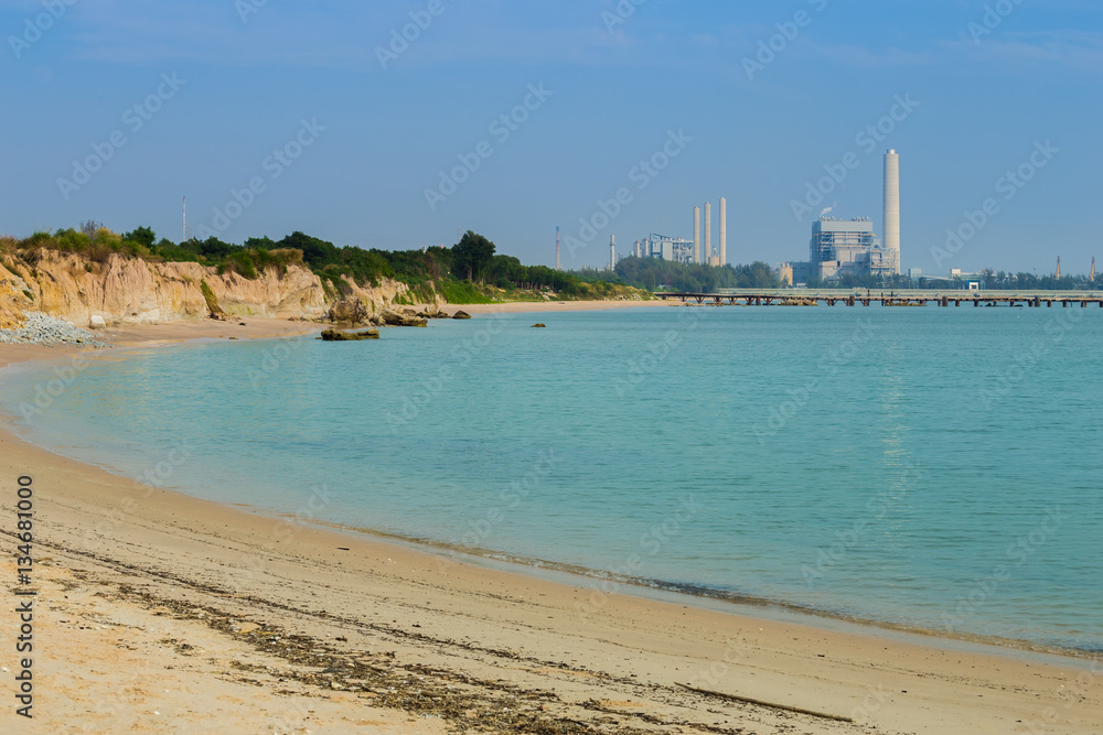 Sai Thong beach and sea with electrical power plant , Rayong, Th