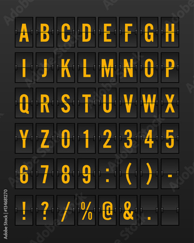 Airport Mechanical Flip Board Panel Font - Yellow/Orange Font on Dark Background Vector Illustration