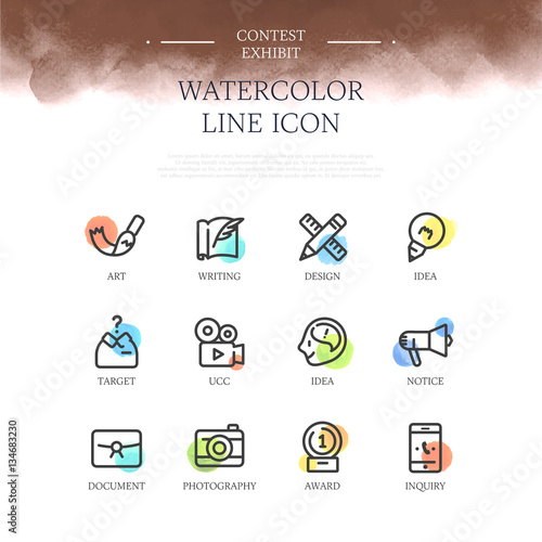 Contest Exhibit Watercolor Line Icon Set