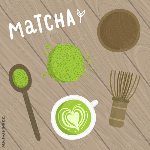 Matcha tea set. Objects from the top. Vector hand drawn illustration