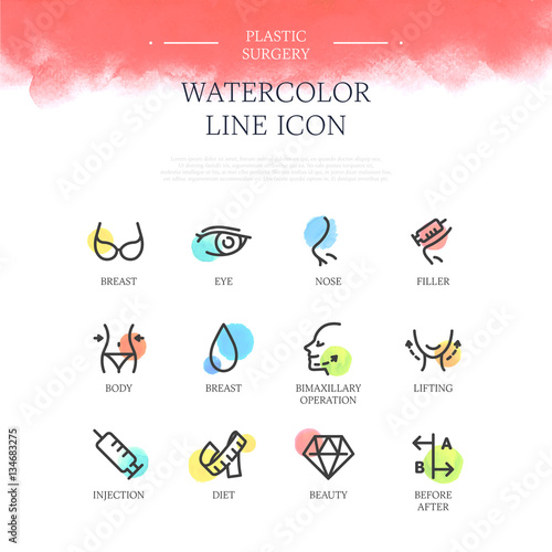 Plastic Surgery Watercolor Line Icon Set