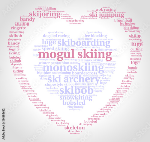 Mogul skiing. Word cloud, heart inside heart, pink font, grey gradient background. Love of sport.