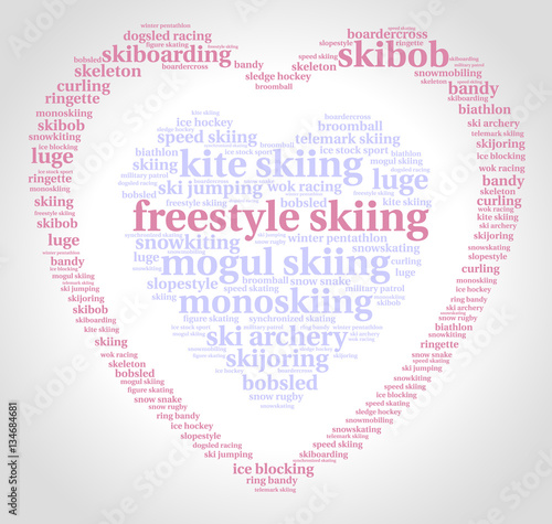 Freestyle skiing. Word cloud, heart inside heart, pink font, grey gradient background. Love of sport.