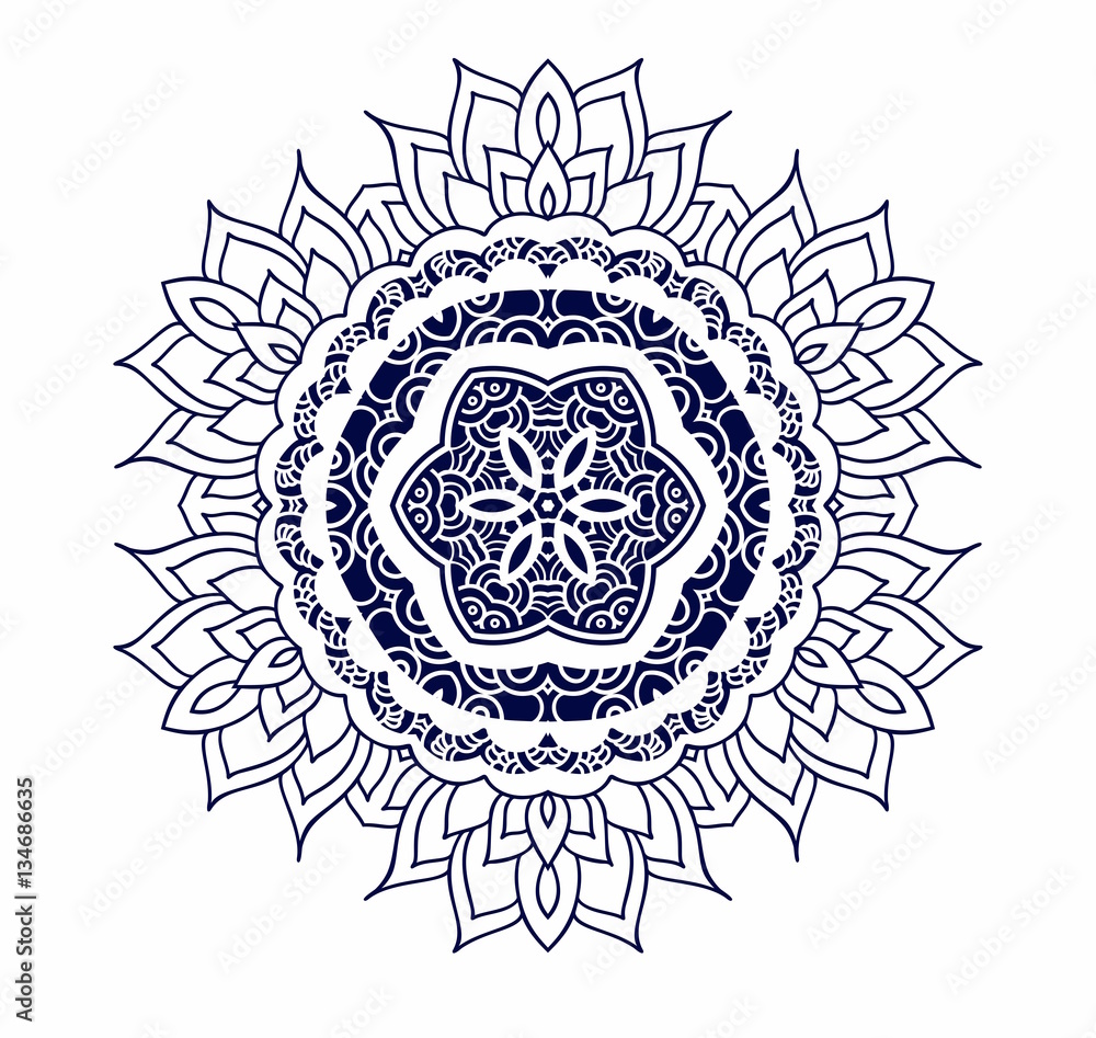 Creative mandala logo design . Symmetrical kaleidoscope pattern. For invitation, wedding, banner, greeting card. Vector illustration on white background.