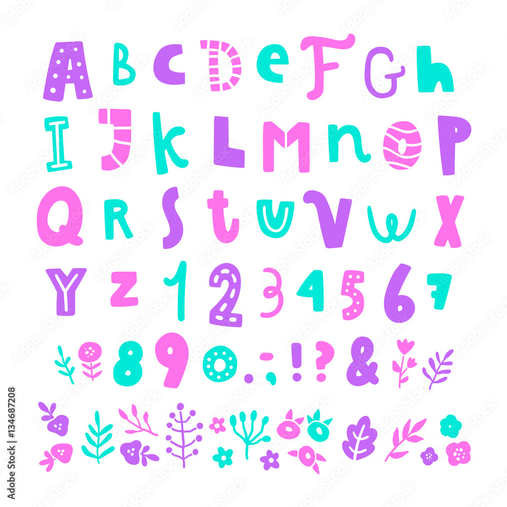 Bright cartoon font. Vector hand drawn illustration. Bright cartoon font. Vector hand drawn illustration.