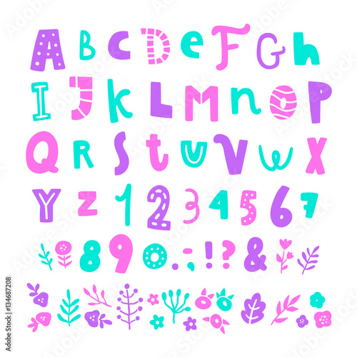 Bright cartoon font. Vector hand drawn illustration.