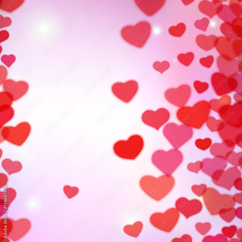 Valentines Day background with scattered blurred tender hearts