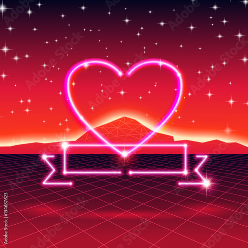 80s styled retro futuristic card with neon heart in computer wor