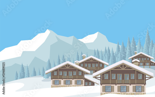 The image of a chalet in snowy mountains. Beautiful winter landscape. Vector background.