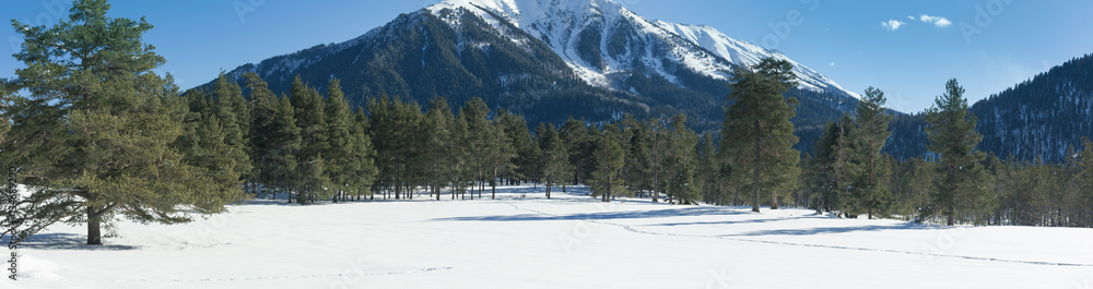 Winter mountains panorama with ski slopes. Caucasus.