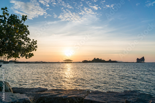 Koh Loi in during sunset from public park of sriracha view point, chonburi province