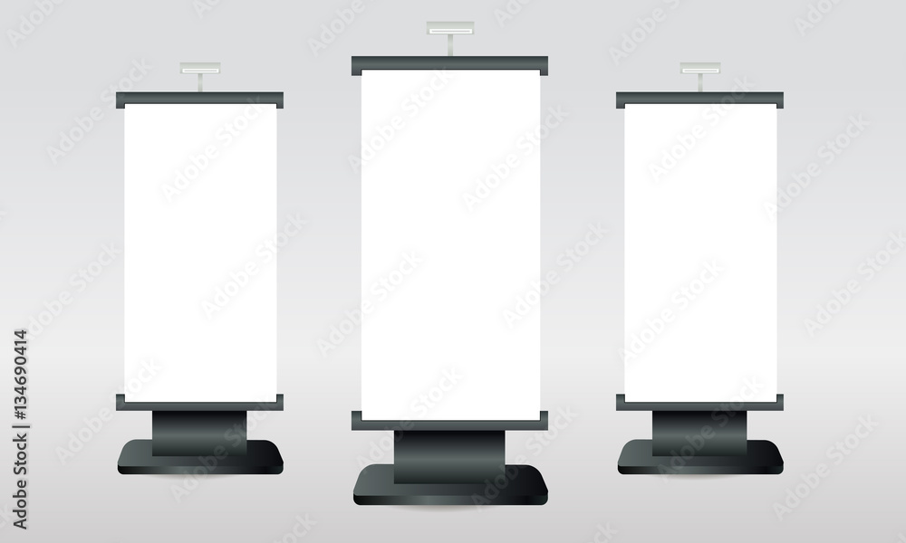 Three billboards with blank screens. Billboard with blank screen. Mockup for design. Space for text. Vector illustration Three billboards with blank screens. Billboard with blank screen. Mockup for design. Space for text. Vector illustration