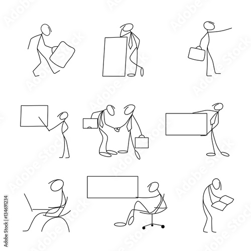 Cartoon icons set of sketch stick bisiness figures in cute miniature scenes.