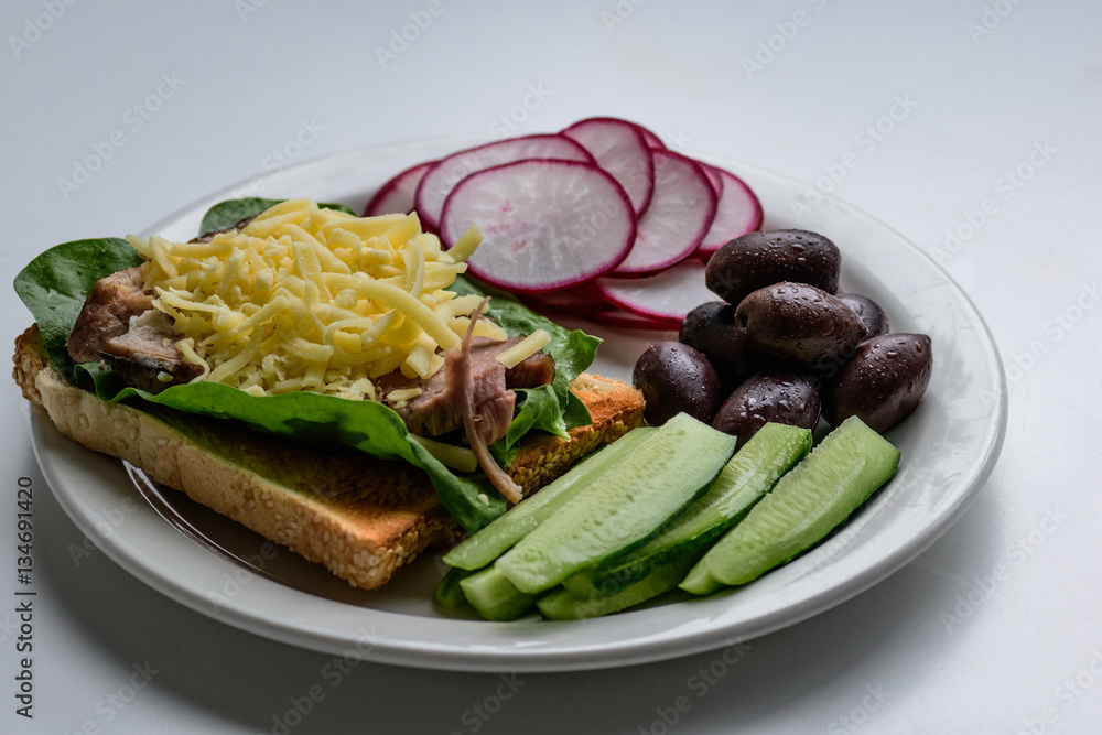 healthy breakfast, toast with meat and vegetables