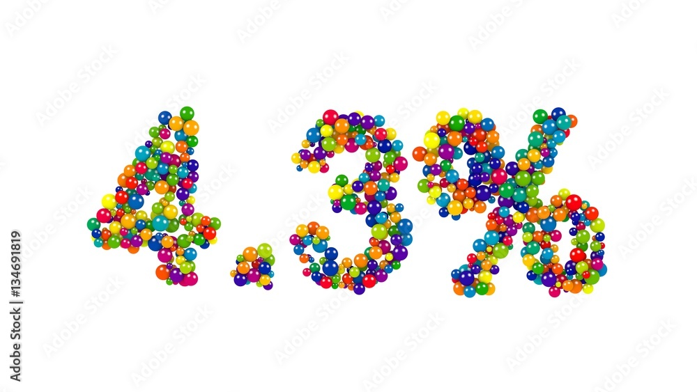 3D digits four point three percent made of bright colorful balls on pure white background