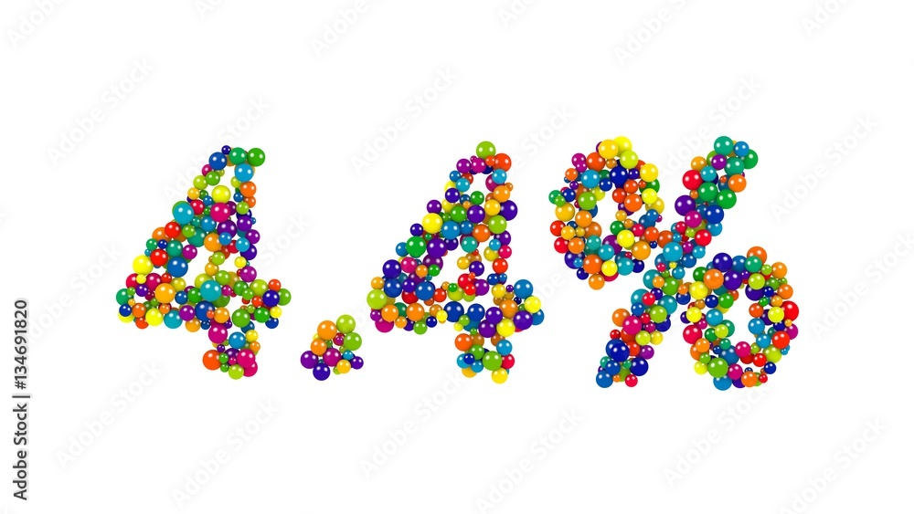 The sign four point four percent of joyful bright coloured marbles isolated on white background The sign four point four percent of joyful bright coloured marbles isolated on white background
