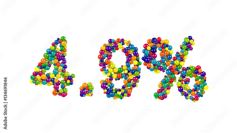 The digits four point nine percent made of shiny colored 3D marbles on white background