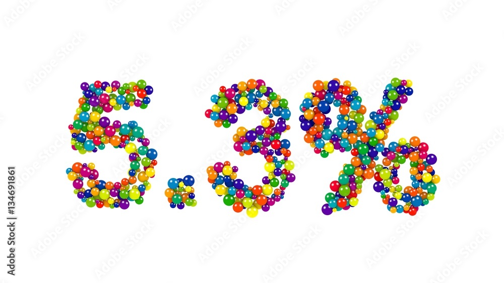 Joyful colored sign of five point three percent made of 3D marbles on white background