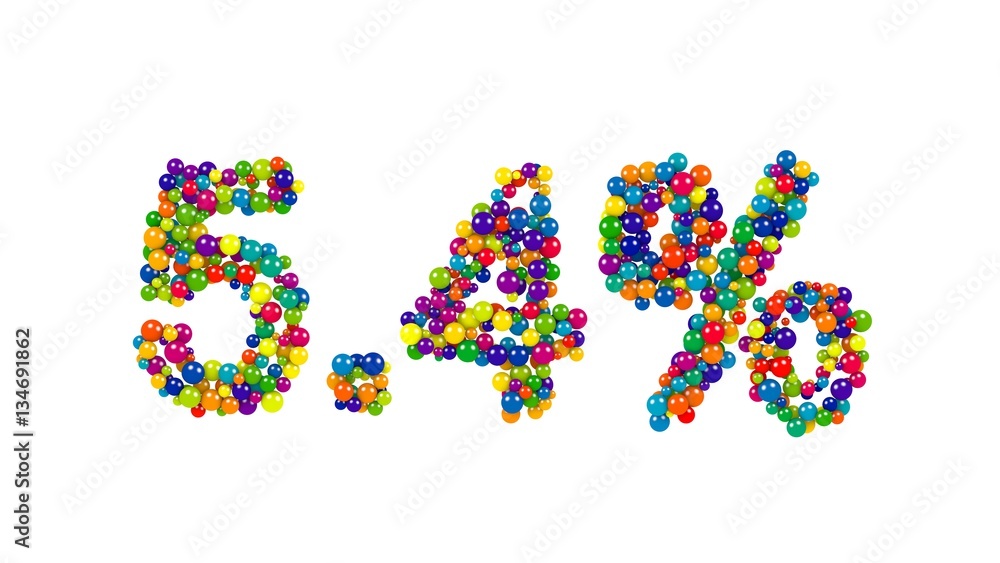 Digits five point four percent of bright colored 3D marbles on white background