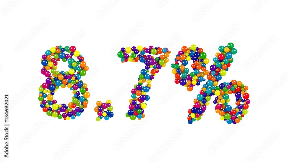 Multicolored sweets arranged to form 8.7% reduction or discount sign on white background