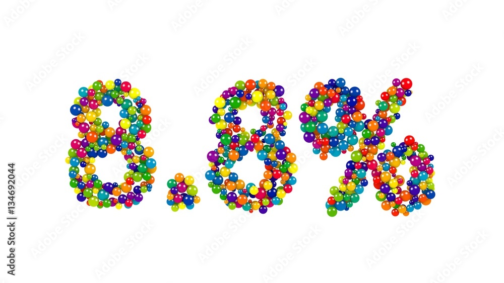 Multicolored sweets arranged to form 8.8% reduction or discount sign on white background