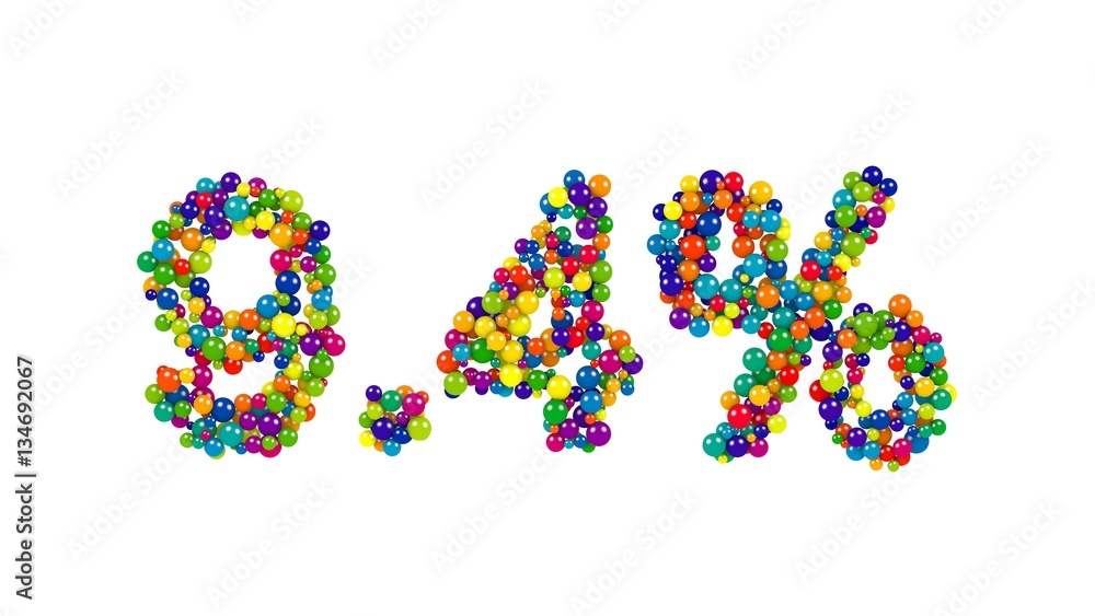 Colorful sweets arranged to form 9.4% reduction or discount sign on white background