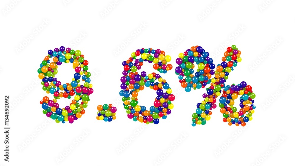 Colorful sweets arranged to form 9.6% reduction or discount sign on white background