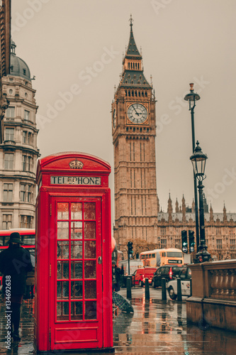 Big Ben in London  England and famous red telephone cabin