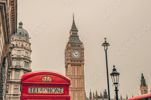 Big Ben in London  England and famous red telephone cabin