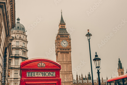 Big Ben in London, England and famous red telephone cabin