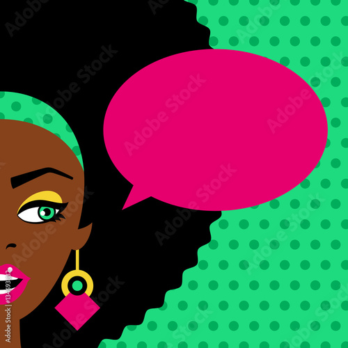 Sexy surprised african american woman with open mouth and big earrings looking to the speech bubble on dots background. Vector flat colorful illustration in retro comic style.