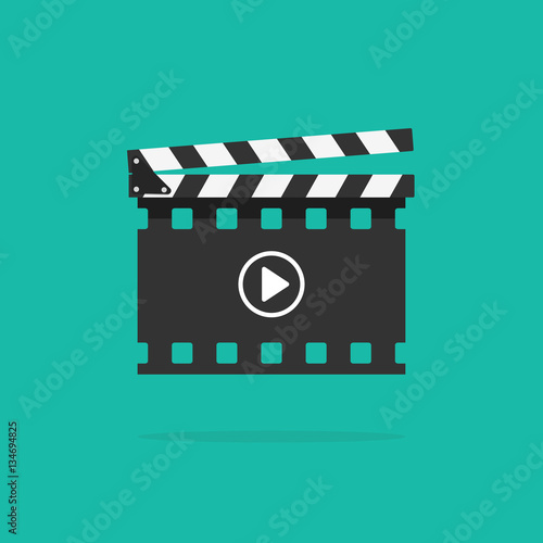 Clapperboard vector icon isolated on color background, flat style clapboard slate filmmaking device in filmstrip shape and play button, concept of film production symbol, video movie clapper equipment