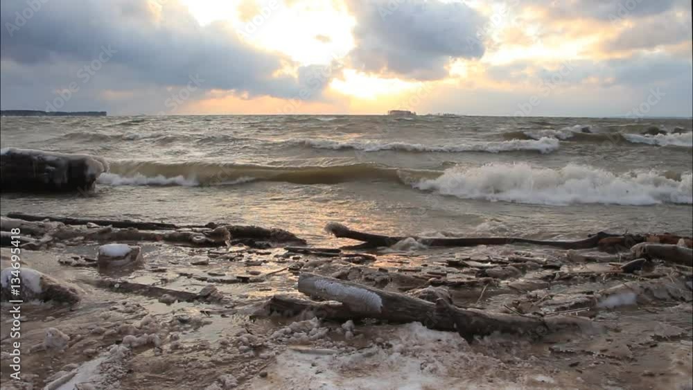 Waves running on the freezing coast of a reservoir in the fall at sunset , Ob River , Siberia, Russia
Waves running on the freezing coast of a reservoir in the fall at sunset , Ob River , Siberia, Russia